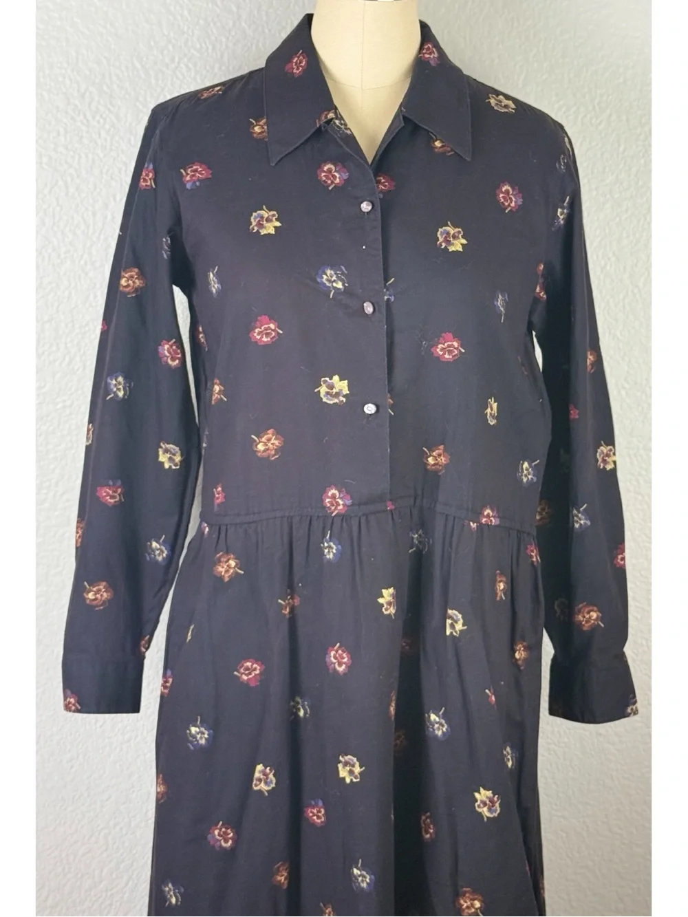 J Crew Vintage 90s Womens Longsleeve Maxi Shirt Dress Black Floral Modest size 8